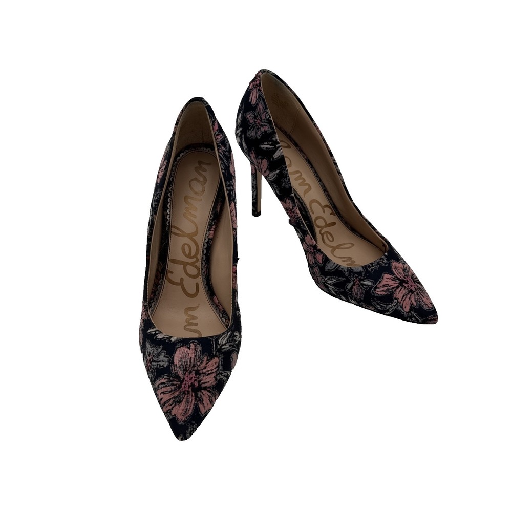 Sam Edelman Hazel Heels Navy Blue Pink floral Fabric fairy Size 8.5 boho flowers